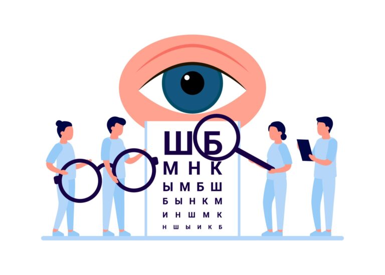 Doctor is checkup eye vision. Examination eyes people, focus correction treatment. Ophthalmology. Optometrist, ophthalmologist, medical staff people with glasses, vision test. Vector flat